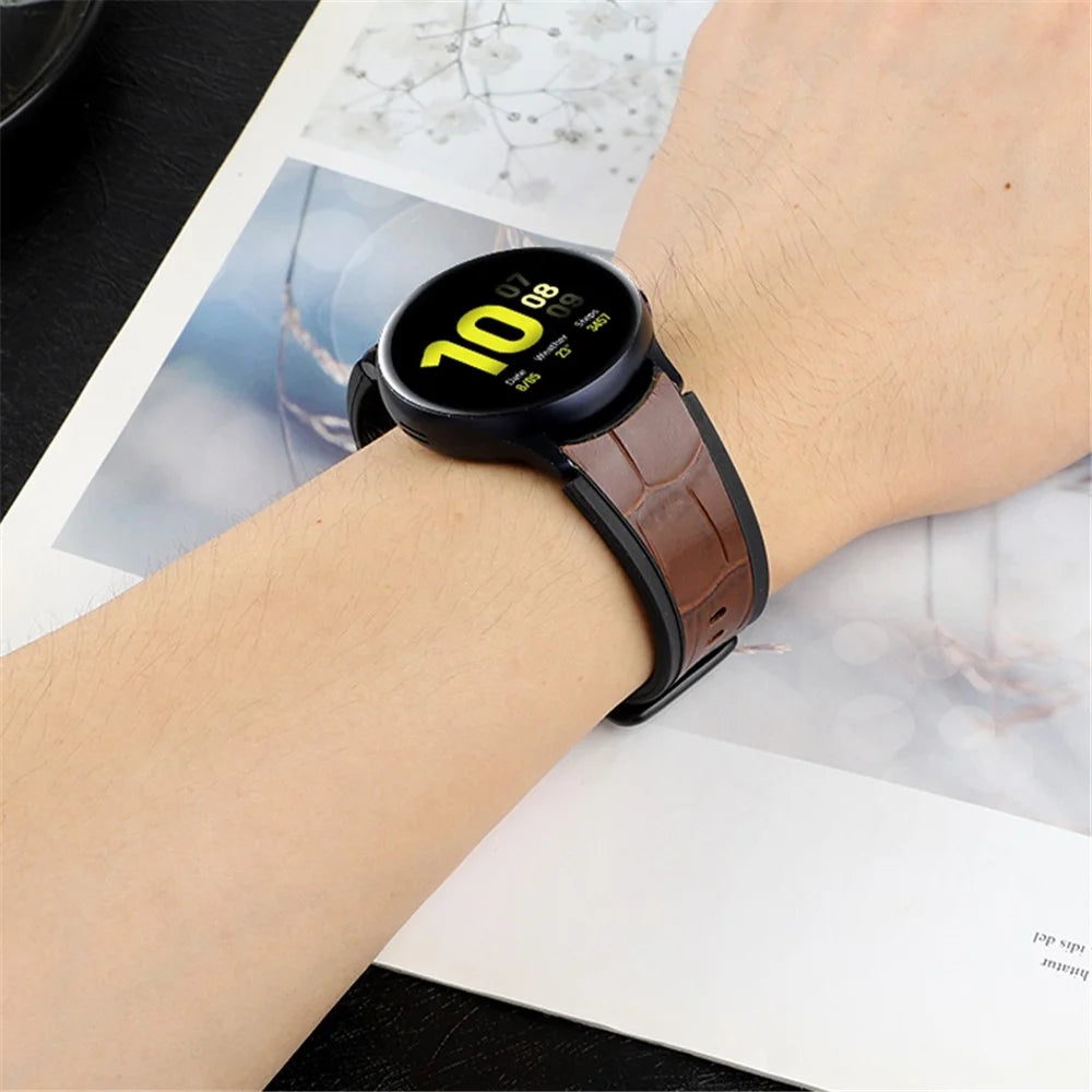For Samsung Galaxy Watch6 40mm 44mm / Watch6 Classic 43mm 47mm / Watch 5 40mm 44mm / 5 Pro 45mm / Watch4 40mm 44mm Dual Color Genuine Leather Coated Silicone Watch Strap Replacement - Black / Red Bamboo Grain - 6