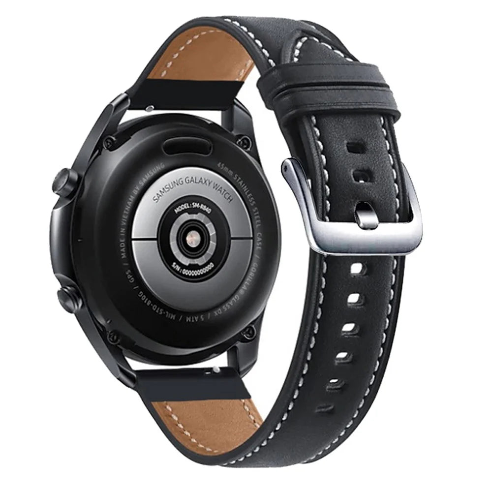 For Samsung Galaxy Watch3 41mm / Huawei Watch GT 2 42mm Genuine Leather Watch Strap 20mm Wrist Band with Silver Buckle - Black - 1