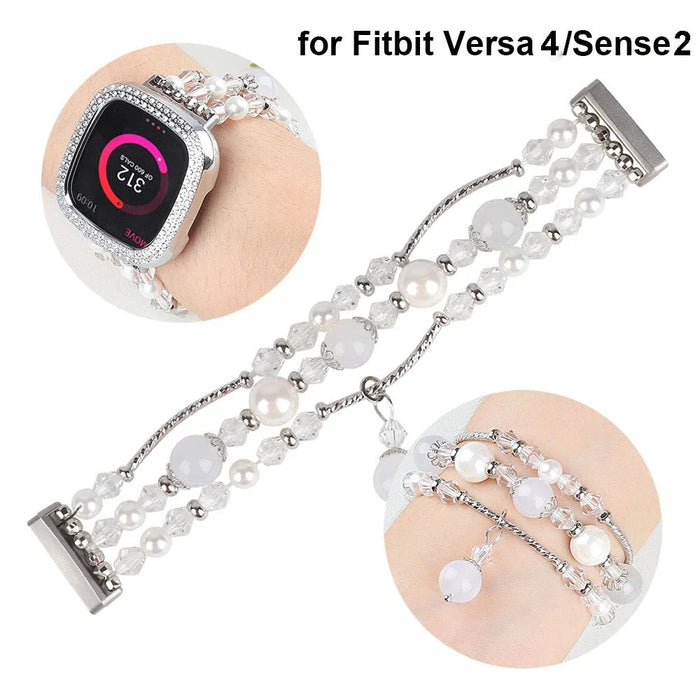 For Fitbit Versa 4 / Sense 2 Agate Beads Bracelet Band Jewelry Watch Strap Replacement - White - 2