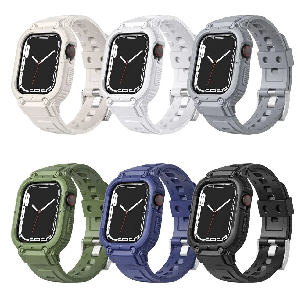 For Apple Watch Series 9 8 7 41mm / 6 5 4 SE SE (2022) SE (2023) 40mm / 3 2 1 38mm Silicone Watch Band Wrist Strap + Anti-Drop Watch Case - Black - 4
