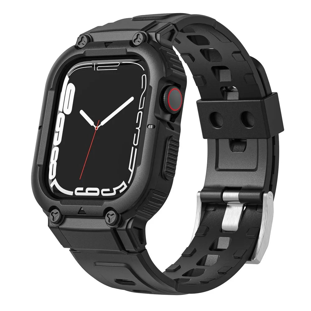 For Apple Watch Series 8  /  7 45mm  /  6  /  5  /  4  /  SE  /  SE (2022) 44mm  /  3  /  2  /  1 42mm Smart Watch Strap Silicone Wrist Band + Watch Case - Black - 2