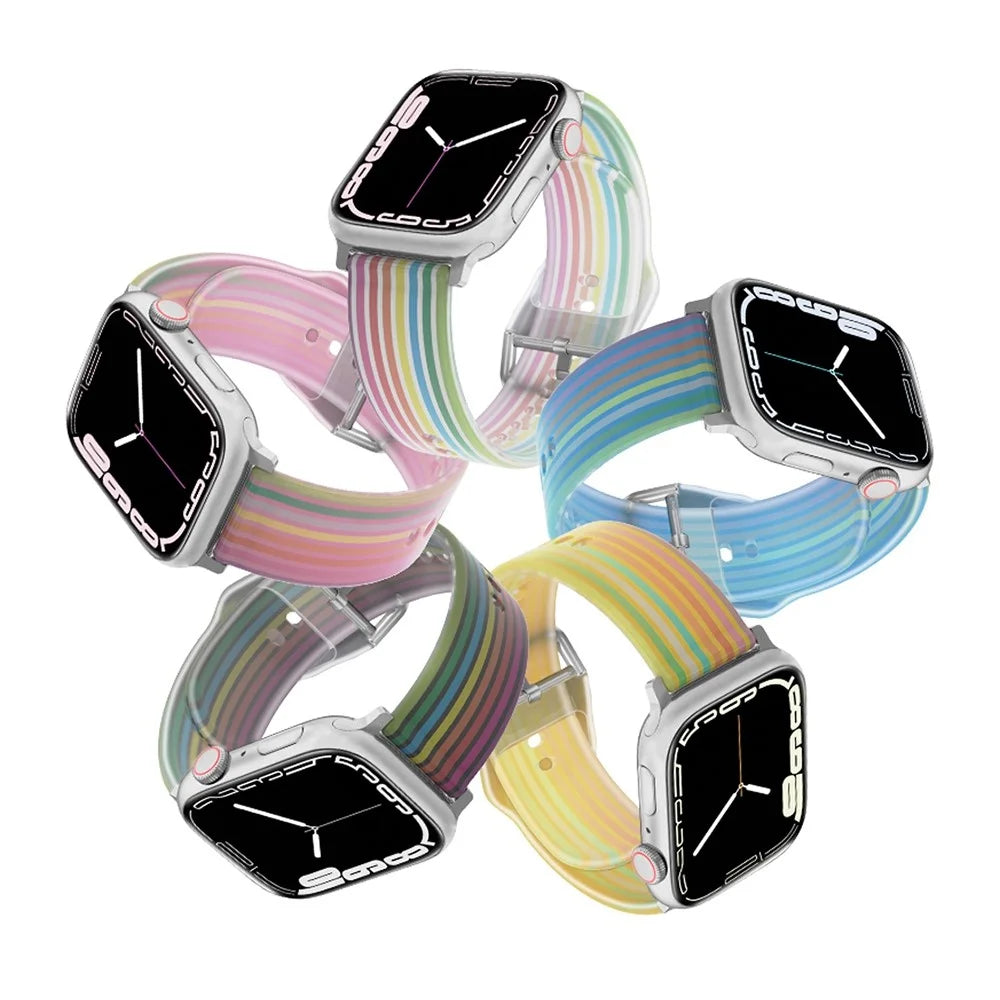 For Apple Watch Ultra 3 2 1 49mm / Series 11 10 46mm / 9 8 7 45mm / SE3 SE2 SE 6 5 4 44mm / 3 2 1 42mm Rainbow Color Quick Release Watch Strap Silicone Watchband - Ice Blue - 4