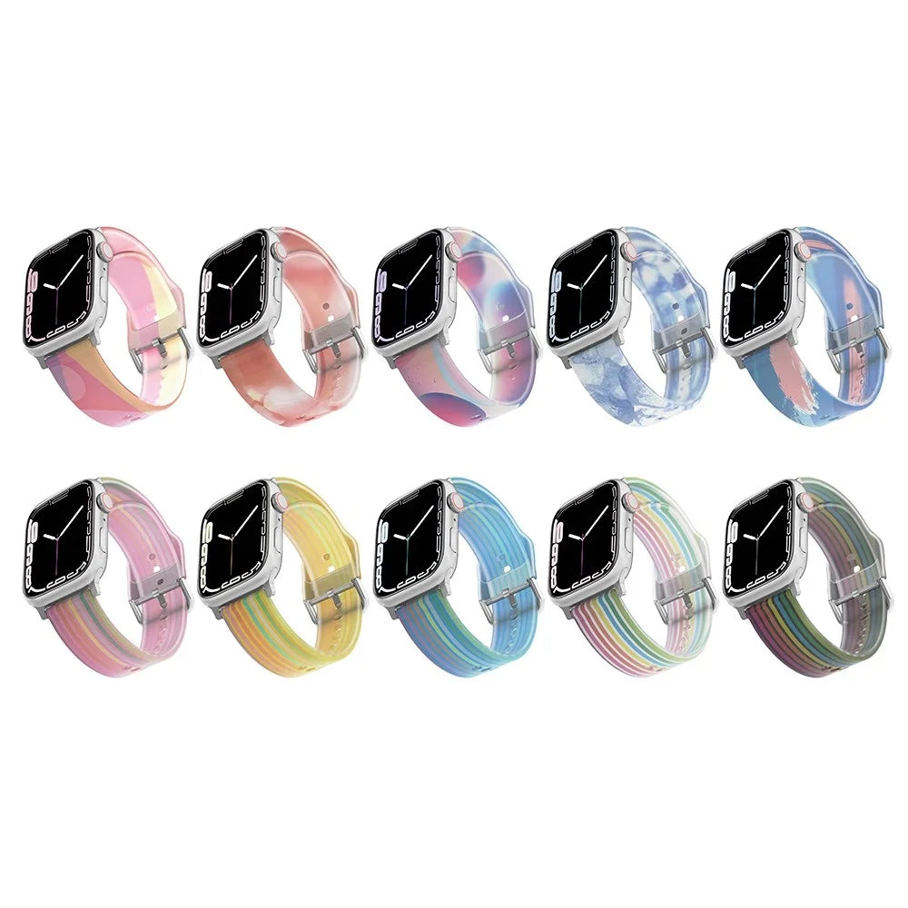 For Apple Watch Ultra 3 2 1 49mm / Series 11 10 46mm / 9 8 7 45mm / SE3 SE2 SE 6 5 4 44mm / 3 2 1 42mm Rainbow Color Quick Release Watch Strap Silicone Watchband - Ice Blue - 5