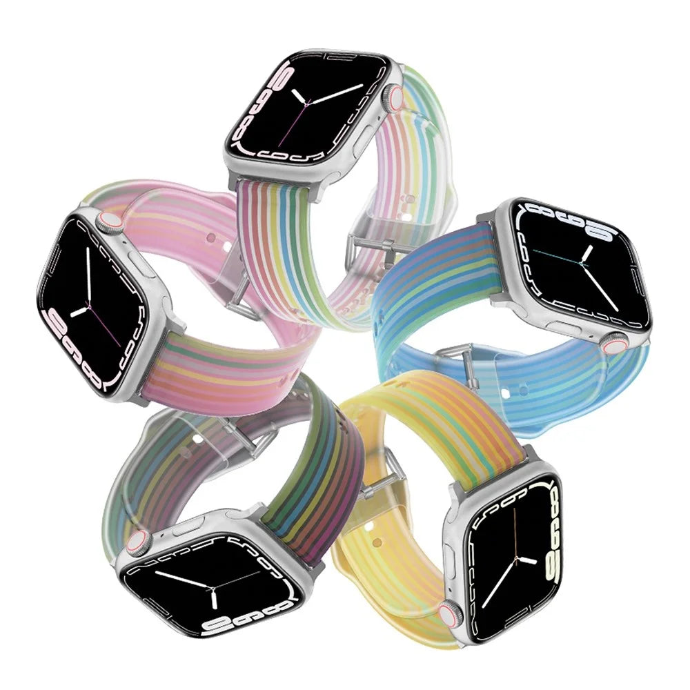 For Apple Watch Series 11 10 42mm / 9 8 7 41mm / SE3 SE2 SE 6 5 4 40mm / 3 2 1 38mm Silicone Watch Band Rainbow Color Watch Strap Quick Release Watchband - Ice Blue - 4