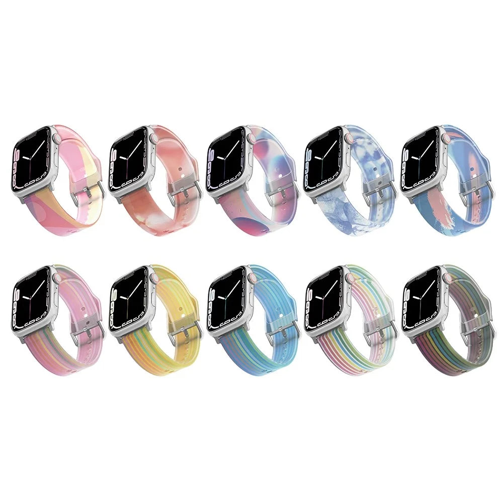 For Apple Watch Series 11 10 42mm / 9 8 7 41mm / SE3 SE2 SE 6 5 4 40mm / 3 2 1 38mm Silicone Watch Band Rainbow Color Watch Strap Quick Release Watchband - Ice Blue - 5