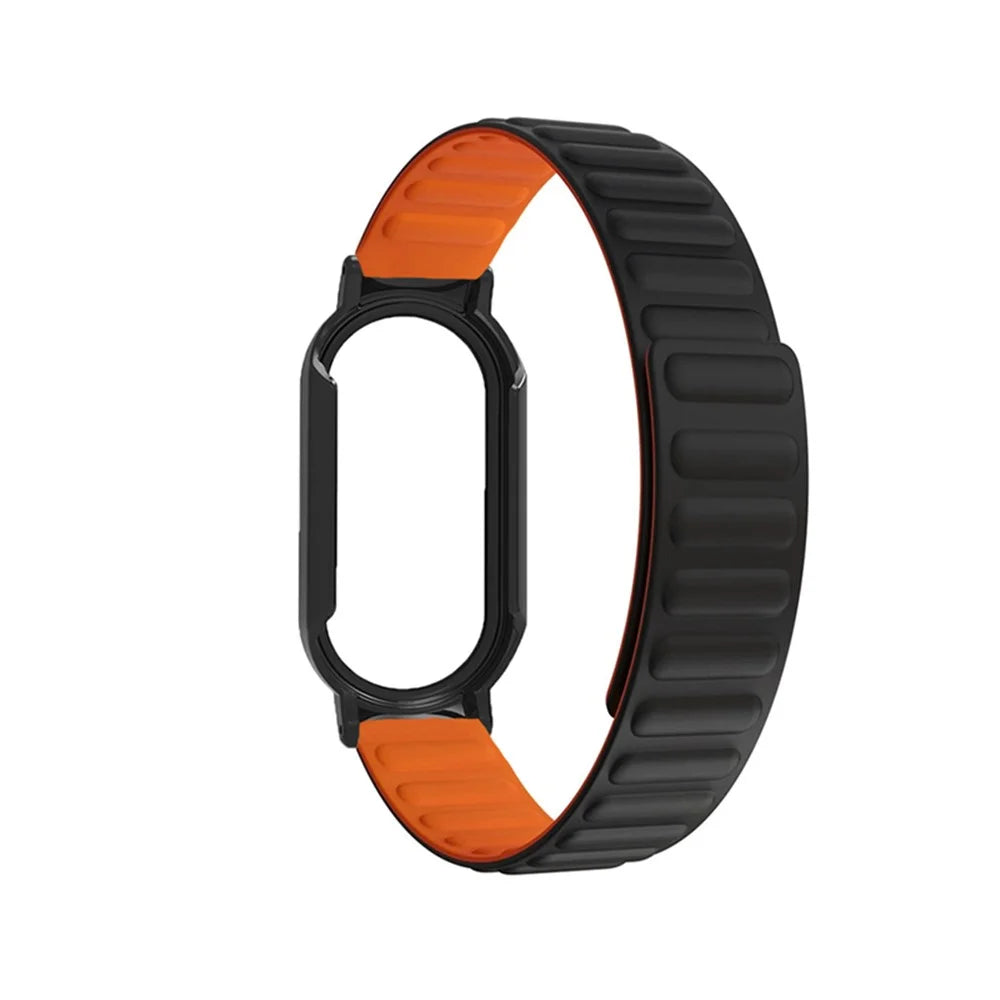 For Xiaomi Mi Band 7 / 7 NFC Silicone Magnetic Watch Band 3 in 1 Replacement Wrist Strap with PC Watch Case  /  Tempered Glass Screen Protector - Black / Orange - 1