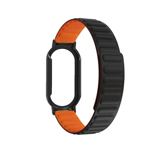 For Xiaomi Mi Band 7 / 7 NFC Silicone Magnetic Watch Band 3 in 1 Replacement Wrist Strap with PC Watch Case  /  Tempered Glass Screen Protector - Black / Orange - 1