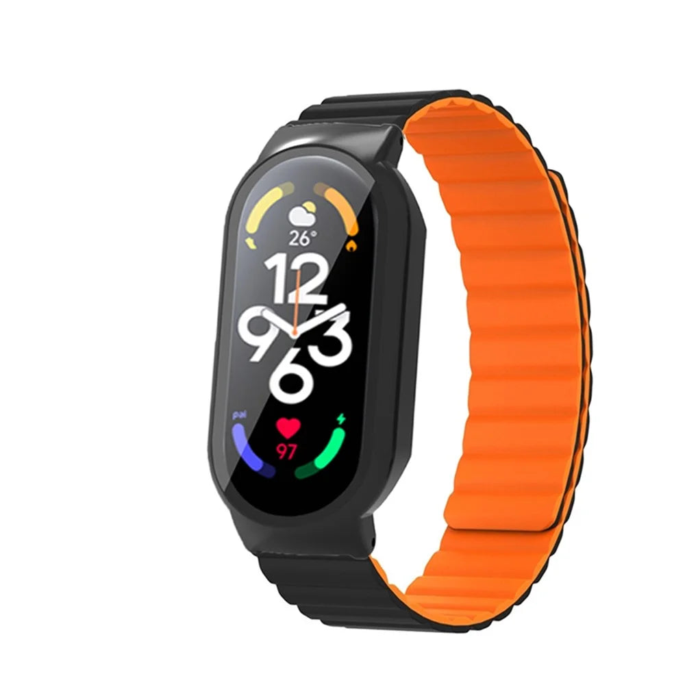 For Xiaomi Mi Band 7 / 7 NFC Silicone Magnetic Watch Band 3 in 1 Replacement Wrist Strap with PC Watch Case  /  Tempered Glass Screen Protector - Black / Orange - 2