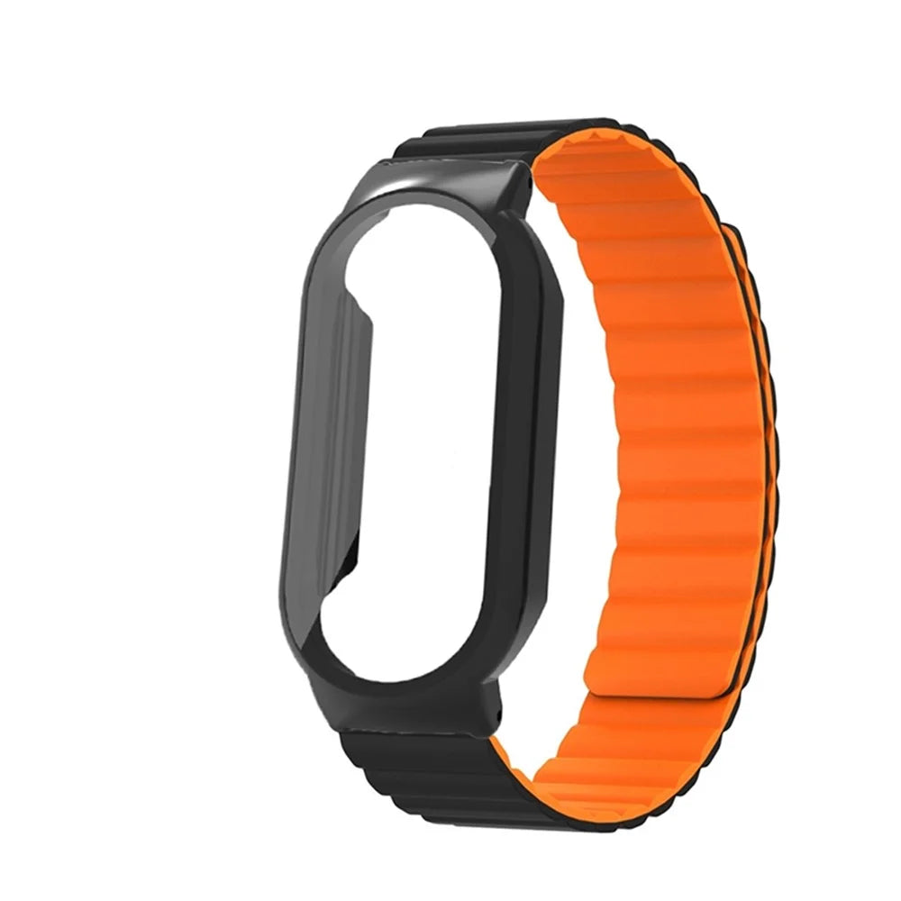 For Xiaomi Mi Band 7 / 7 NFC Silicone Magnetic Watch Band 3 in 1 Replacement Wrist Strap with PC Watch Case  /  Tempered Glass Screen Protector - Black / Orange - 3