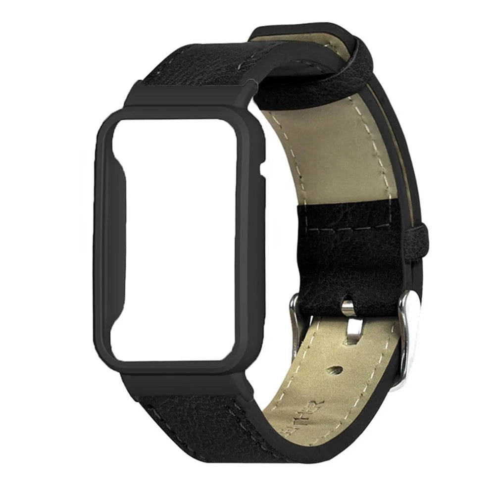 For Xiaomi Mi Band 7 Pro Genuine Leather Watch Band Replacement Wrist Strap with Watch Case Cover - Black - 1