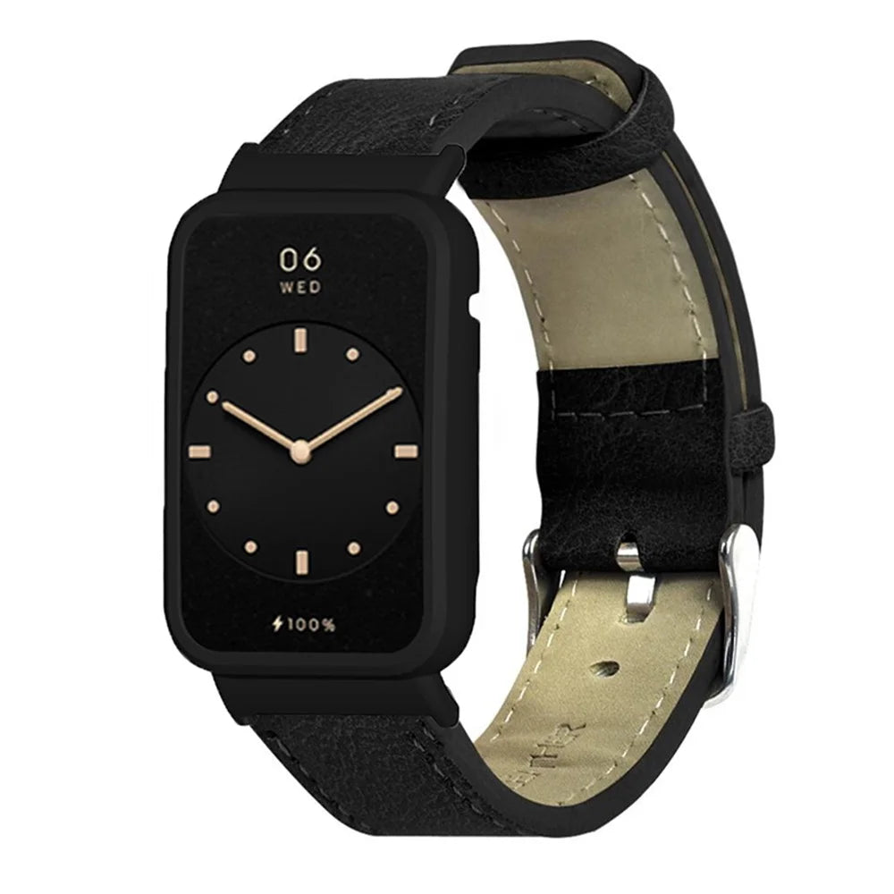 For Xiaomi Mi Band 7 Pro Genuine Leather Watch Band Replacement Wrist Strap with Watch Case Cover - Black - 2