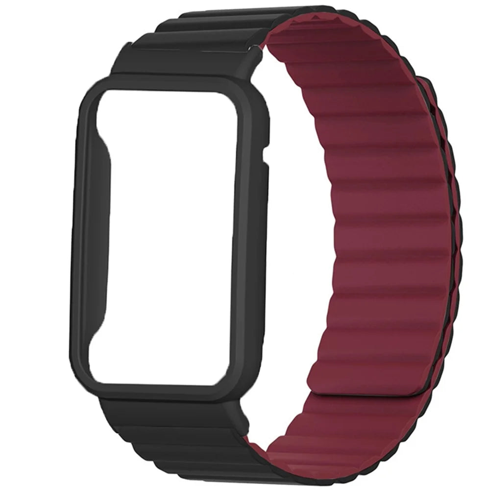 For Xiaomi Mi Band 7 Pro Silicone Magnetic Watch Band Quick Release Wrist Strap with Watch Case Cover - Black / Wine Red - 2