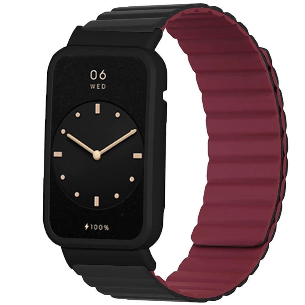 For Xiaomi Mi Band 7 Pro Silicone Magnetic Watch Band Quick Release Wrist Strap with Watch Case Cover - Black / Wine Red - 3