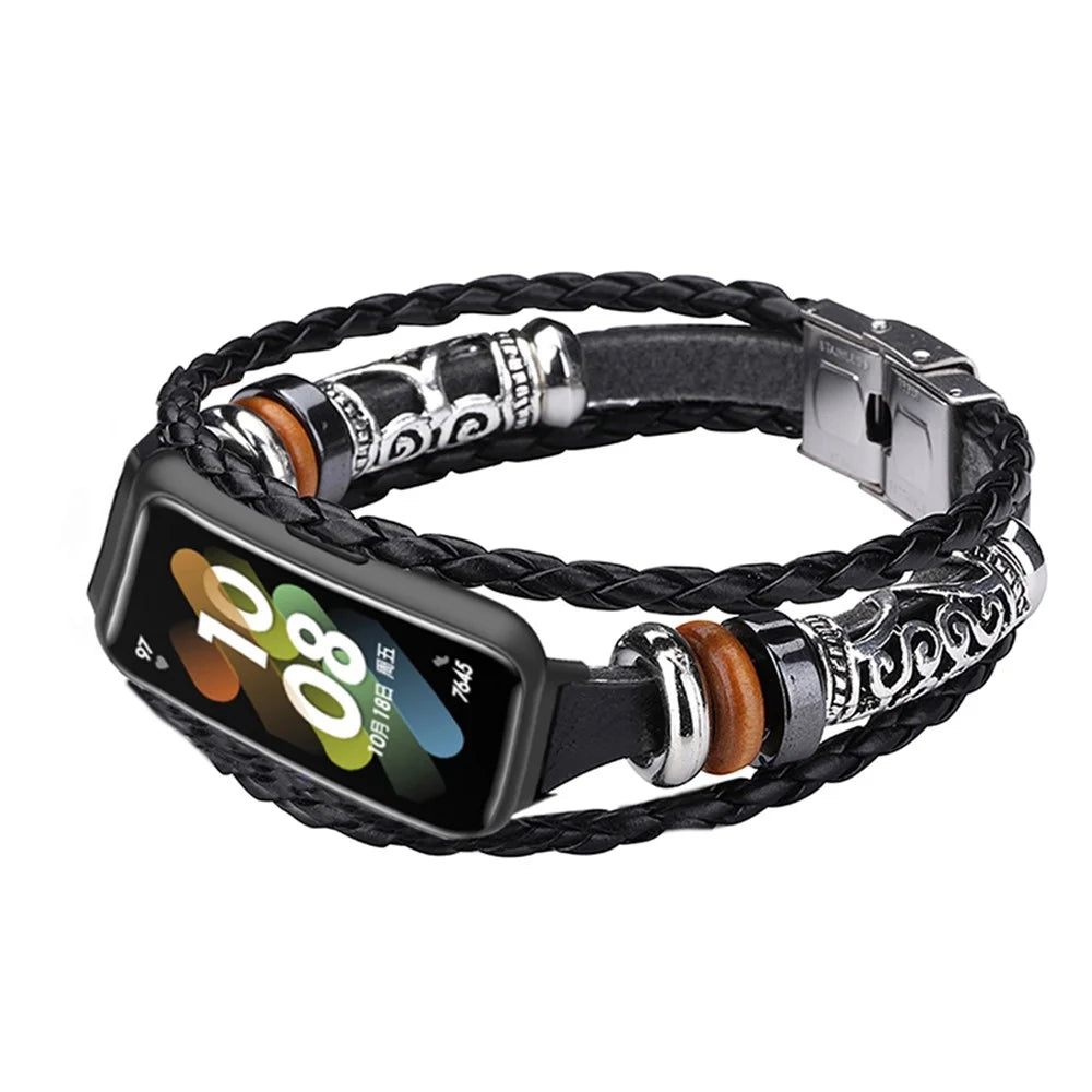 For Huawei Band 7 Ethnic Style Beaded Replacement Watch Strap Retro Bracelet Wrist Band - Black - 1