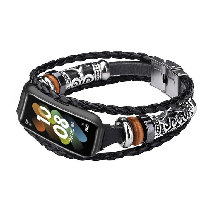 For Huawei Band 7 Ethnic Style Beaded Replacement Watch Strap Retro Bracelet Wrist Band - Black - 1