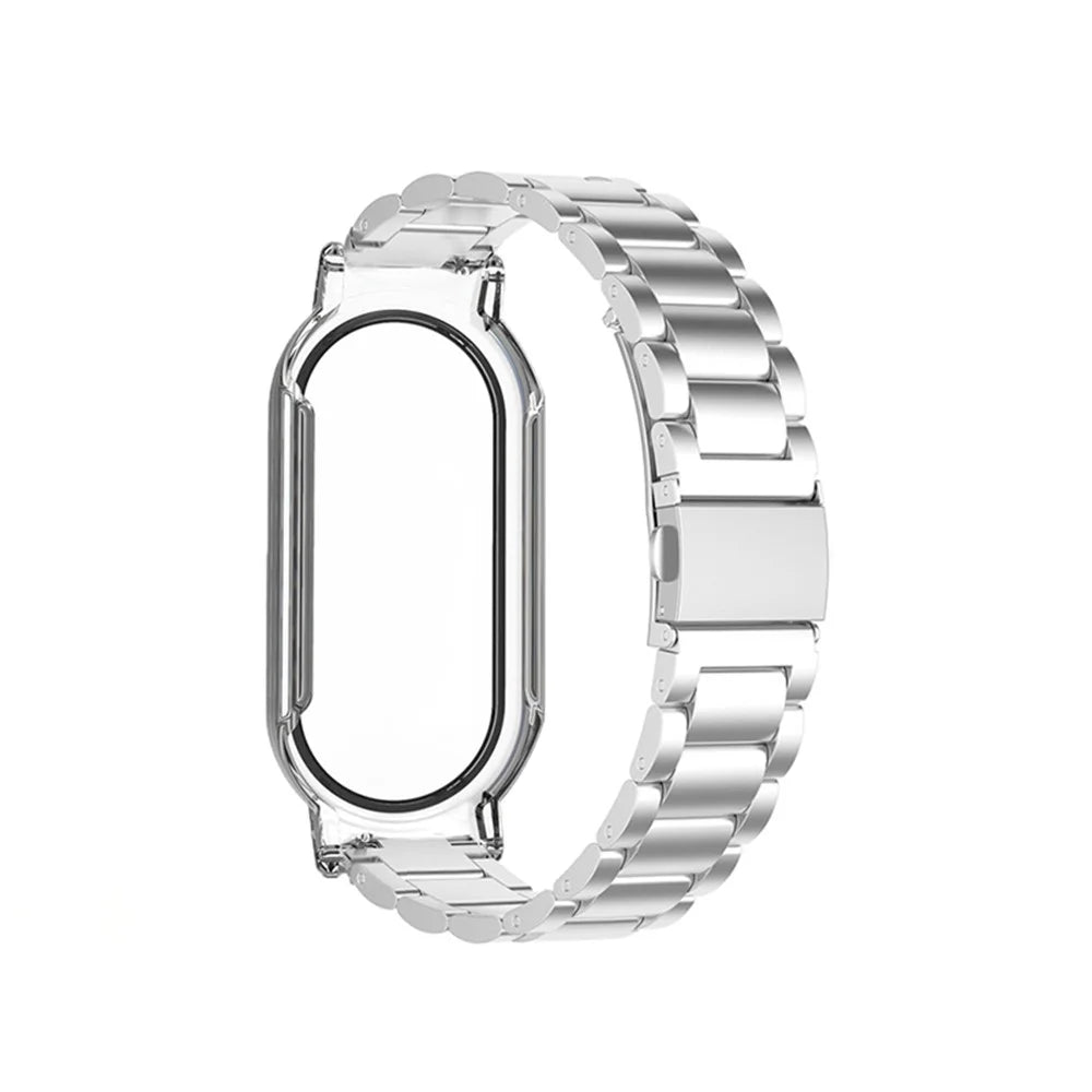 For Xiaomi Mi Band 7 / 7 NFC Integrated Watch Strap+PC Case+Tempered Glass Screen Protector Metal Smart Bracelet Strap - Silver - 1