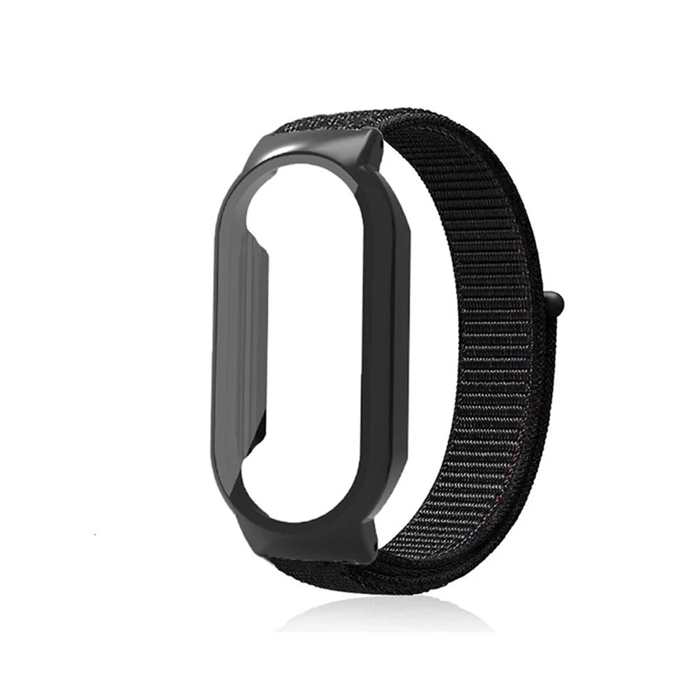 For Xiaomi Mi Band 7  /  7 NFC Nylon Loop Watch Strap 3 in 1 Wrist Band with PC Protective Case and Tempered Glass Screen Protector - Black / Black - 1