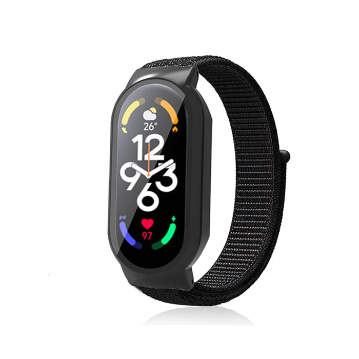 For Xiaomi Mi Band 7  /  7 NFC Nylon Loop Watch Strap 3 in 1 Wrist Band with PC Protective Case and Tempered Glass Screen Protector - Black / Black - 2