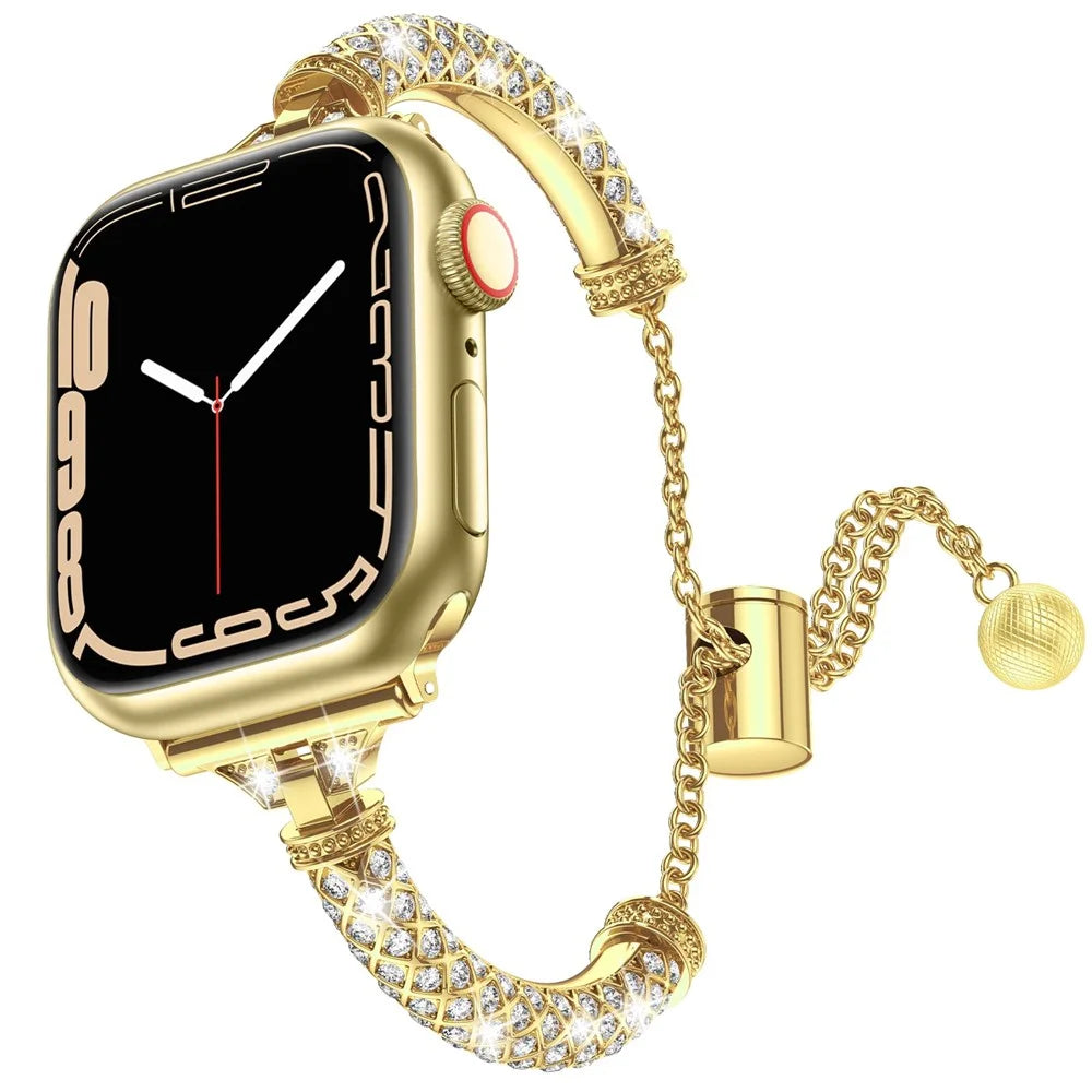 For Apple Watch Series 11 10 42mm / 9 8 7 41mm / SE3 SE2 SE 6 5 4 40mm / 3 2 1 38mm Metal Stretch Jewelry Watch Strap Rhinestone Decorated Wristband for Women Girls - Gold - 1