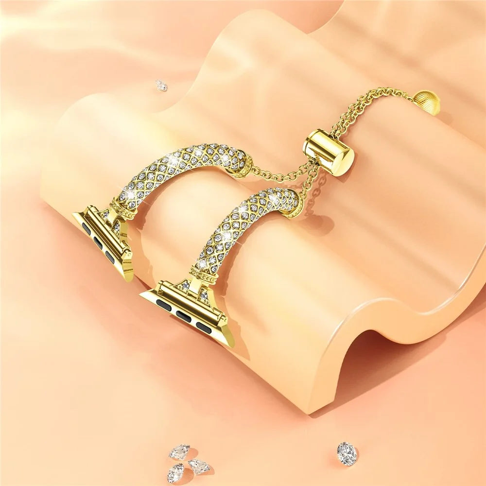 For Apple Watch Series 11 10 42mm / 9 8 7 41mm / SE3 SE2 SE 6 5 4 40mm / 3 2 1 38mm Metal Stretch Jewelry Watch Strap Rhinestone Decorated Wristband for Women Girls - Gold - 2