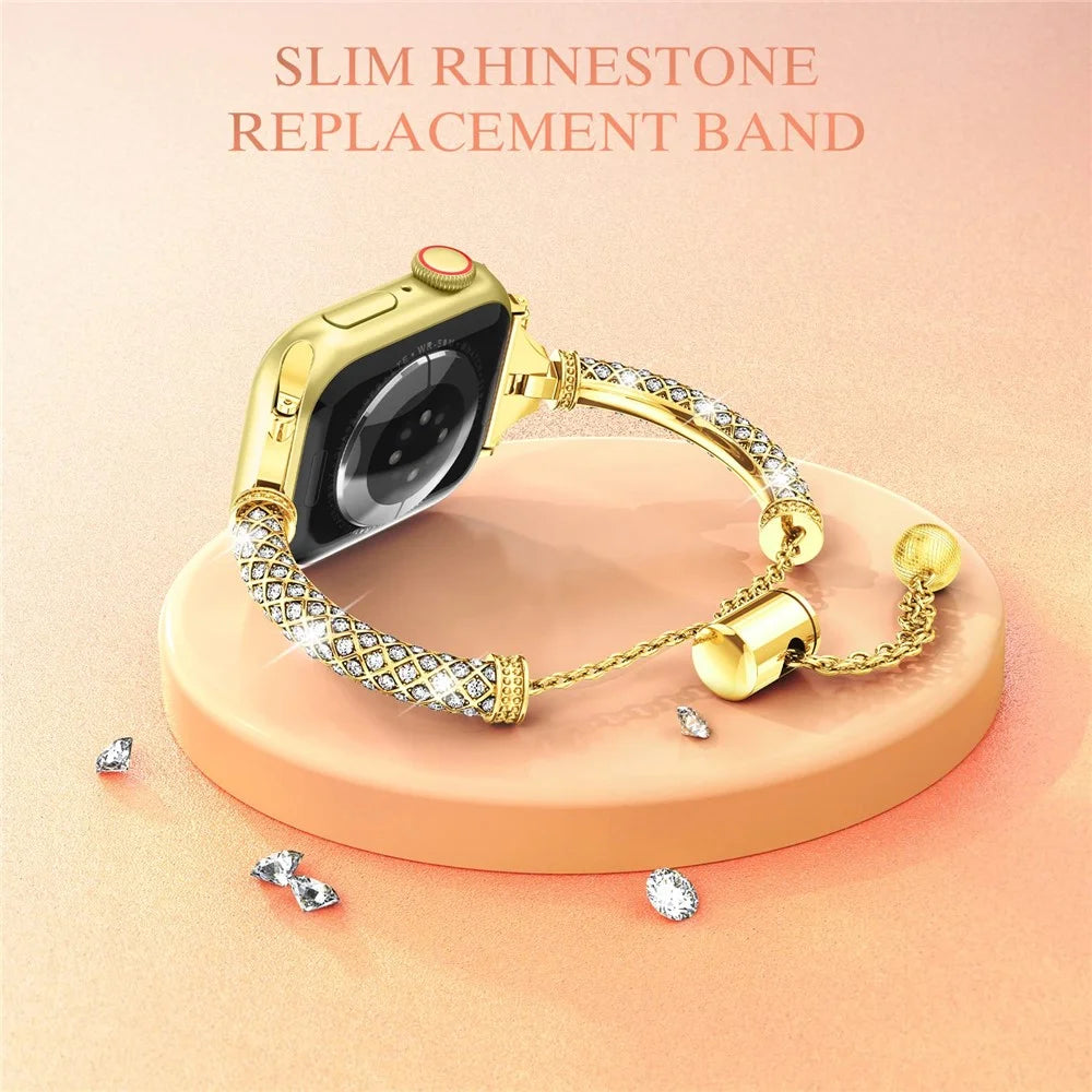 For Apple Watch Series 11 10 42mm / 9 8 7 41mm / SE3 SE2 SE 6 5 4 40mm / 3 2 1 38mm Metal Stretch Jewelry Watch Strap Rhinestone Decorated Wristband for Women Girls - Gold - 3