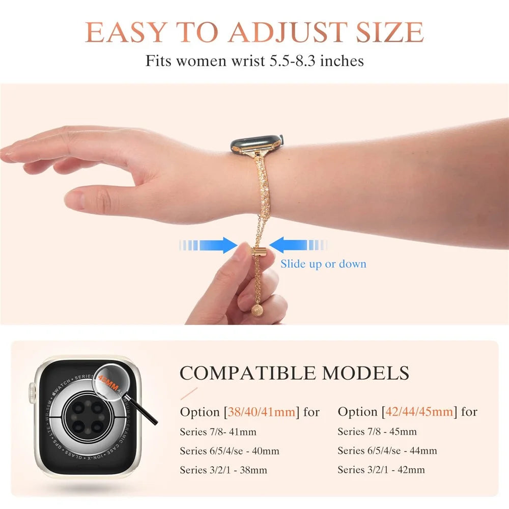 For Apple Watch Series 11 10 42mm / 9 8 7 41mm / SE3 SE2 SE 6 5 4 40mm / 3 2 1 38mm Metal Stretch Jewelry Watch Strap Rhinestone Decorated Wristband for Women Girls - Gold - 4