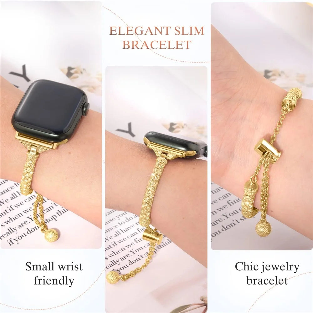 For Apple Watch Series 11 10 42mm / 9 8 7 41mm / SE3 SE2 SE 6 5 4 40mm / 3 2 1 38mm Metal Stretch Jewelry Watch Strap Rhinestone Decorated Wristband for Women Girls - Gold - 7