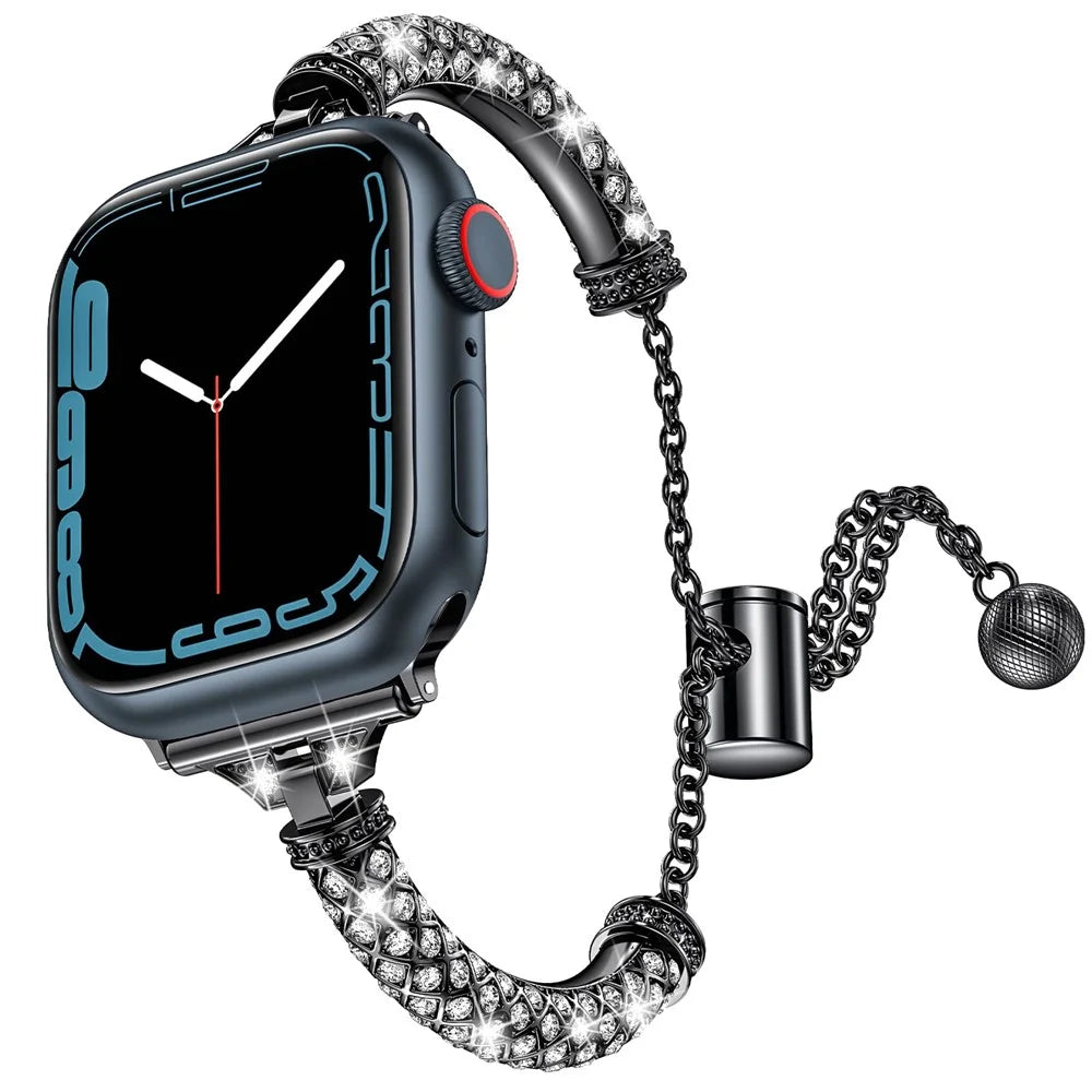 For Apple Watch Ultra 3 2 1 49mm / Series 11 10 46mm / 9 8 7 45mm / SE3 SE2 SE 6 5 4 44mm / 3 2 1 42mm Metal Watch Strap Rhinestone Decorated Stretch Jewelry Wrist Band - Black - 1