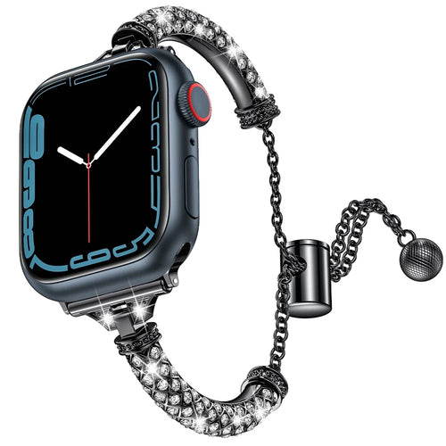 For Apple Watch Ultra 3 2 1 49mm / Series 11 10 46mm / 9 8 7 45mm / SE3 SE2 SE 6 5 4 44mm / 3 2 1 42mm Metal Watch Strap Rhinestone Decorated Stretch Jewelry Wrist Band - Black - 1