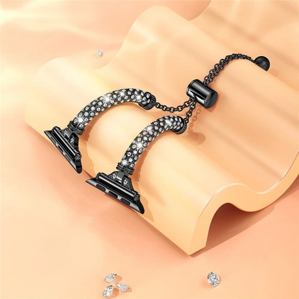 For Apple Watch Ultra 3 2 1 49mm / Series 11 10 46mm / 9 8 7 45mm / SE3 SE2 SE 6 5 4 44mm / 3 2 1 42mm Metal Watch Strap Rhinestone Decorated Stretch Jewelry Wrist Band - Black - 2