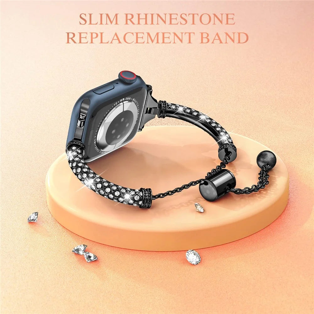 For Apple Watch Ultra 3 2 1 49mm / Series 11 10 46mm / 9 8 7 45mm / SE3 SE2 SE 6 5 4 44mm / 3 2 1 42mm Metal Watch Strap Rhinestone Decorated Stretch Jewelry Wrist Band - Black - 3