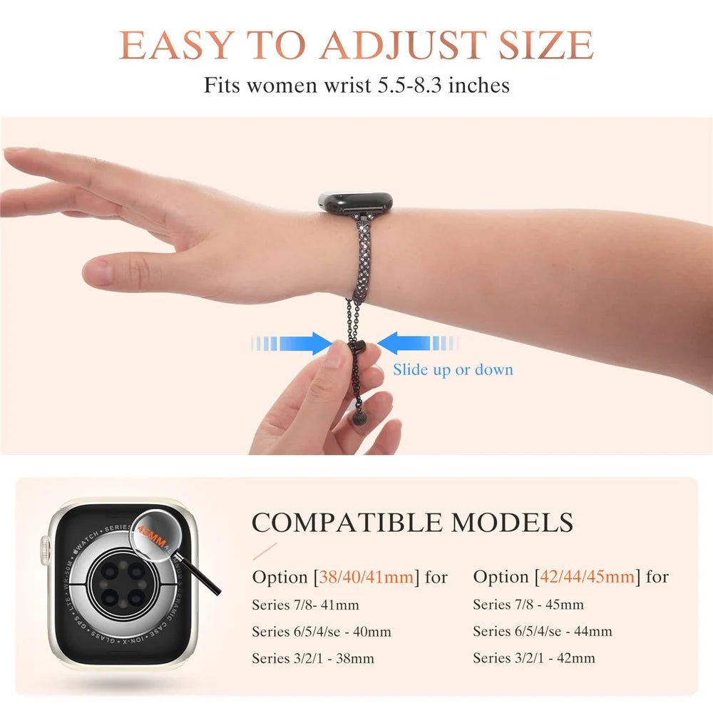 For Apple Watch Ultra 3 2 1 49mm / Series 11 10 46mm / 9 8 7 45mm / SE3 SE2 SE 6 5 4 44mm / 3 2 1 42mm Metal Watch Strap Rhinestone Decorated Stretch Jewelry Wrist Band - Black - 4