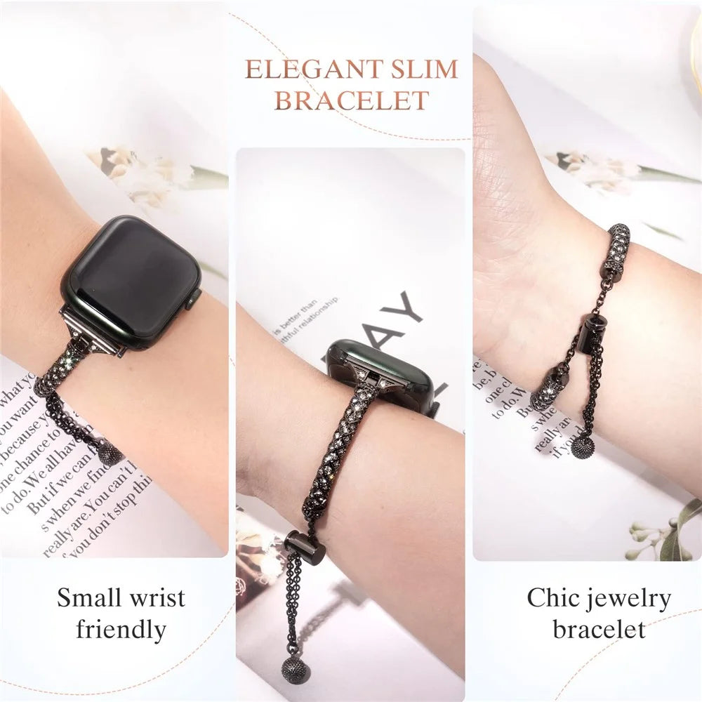 For Apple Watch Ultra 3 2 1 49mm / Series 11 10 46mm / 9 8 7 45mm / SE3 SE2 SE 6 5 4 44mm / 3 2 1 42mm Metal Watch Strap Rhinestone Decorated Stretch Jewelry Wrist Band - Black - 7
