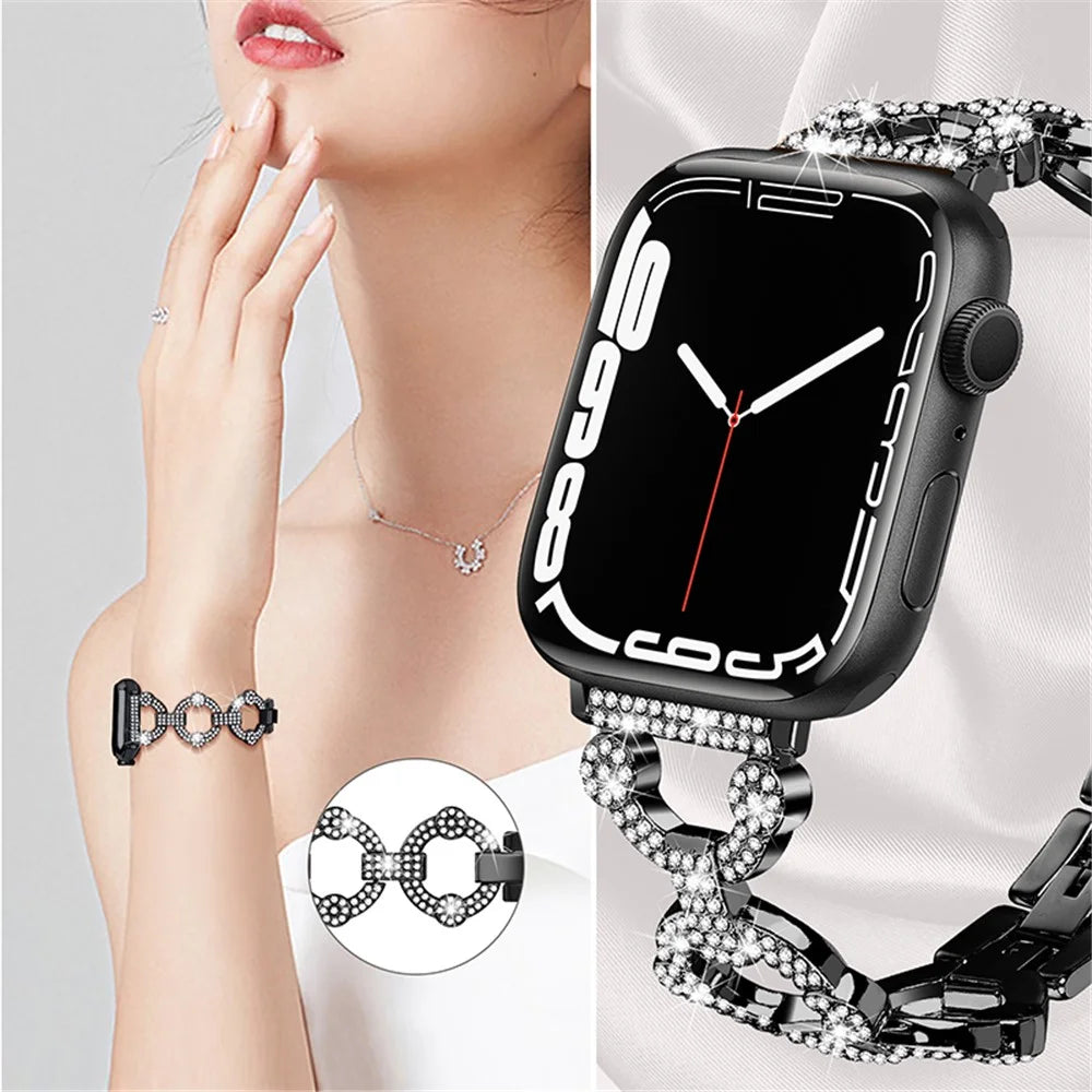 For Apple Watch Series 11 10 42mm / 9 8 7 41mm / SE3 SE2 SE 6 5 4 40mm / 3 2 1 38mm Metal Watch Band Rhinestone Decorated Watch Strap - Black - 2