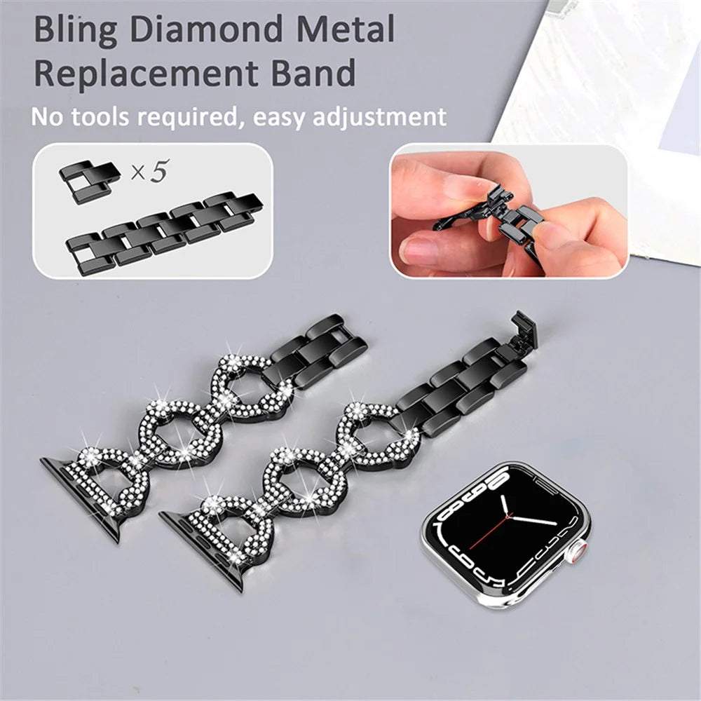 For Apple Watch Series 11 10 42mm / 9 8 7 41mm / SE3 SE2 SE 6 5 4 40mm / 3 2 1 38mm Metal Watch Band Rhinestone Decorated Watch Strap - Black - 3