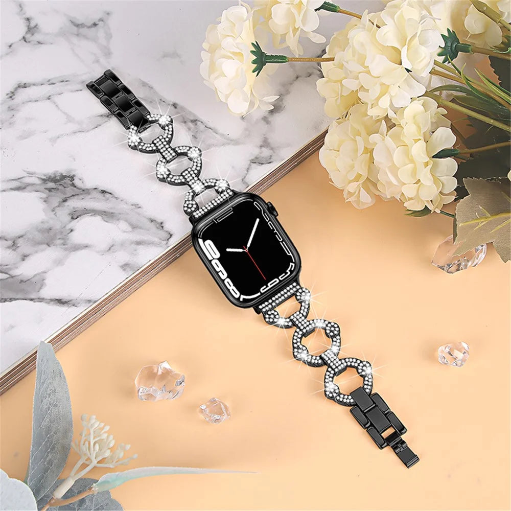 For Apple Watch Series 11 10 42mm / 9 8 7 41mm / SE3 SE2 SE 6 5 4 40mm / 3 2 1 38mm Metal Watch Band Rhinestone Decorated Watch Strap - Black - 4