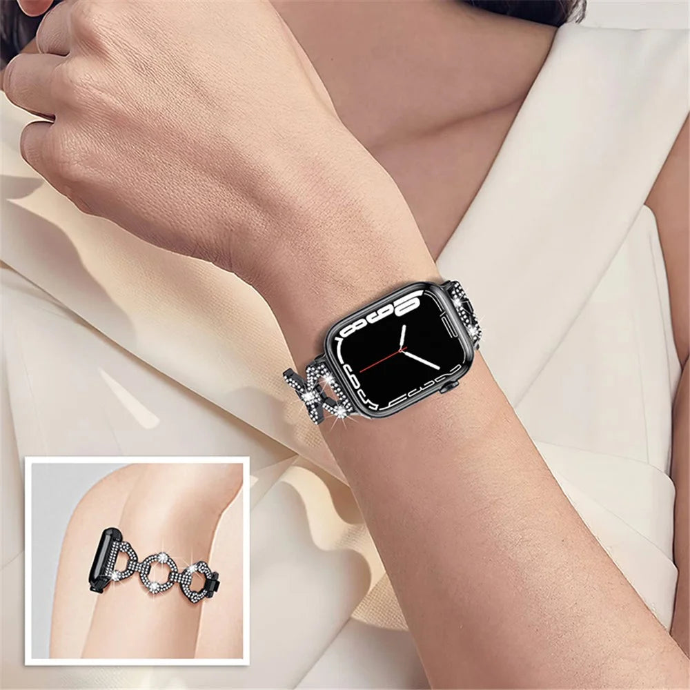 For Apple Watch Ultra 3 2 1 49mm / Series 11 10 46mm / 9 8 7 45mm / SE3 SE2 SE 6 5 4 44mm / 3 2 1 42mm Metal Watch Strap Watch Band with Rhinestone Decoration - Black - 5
