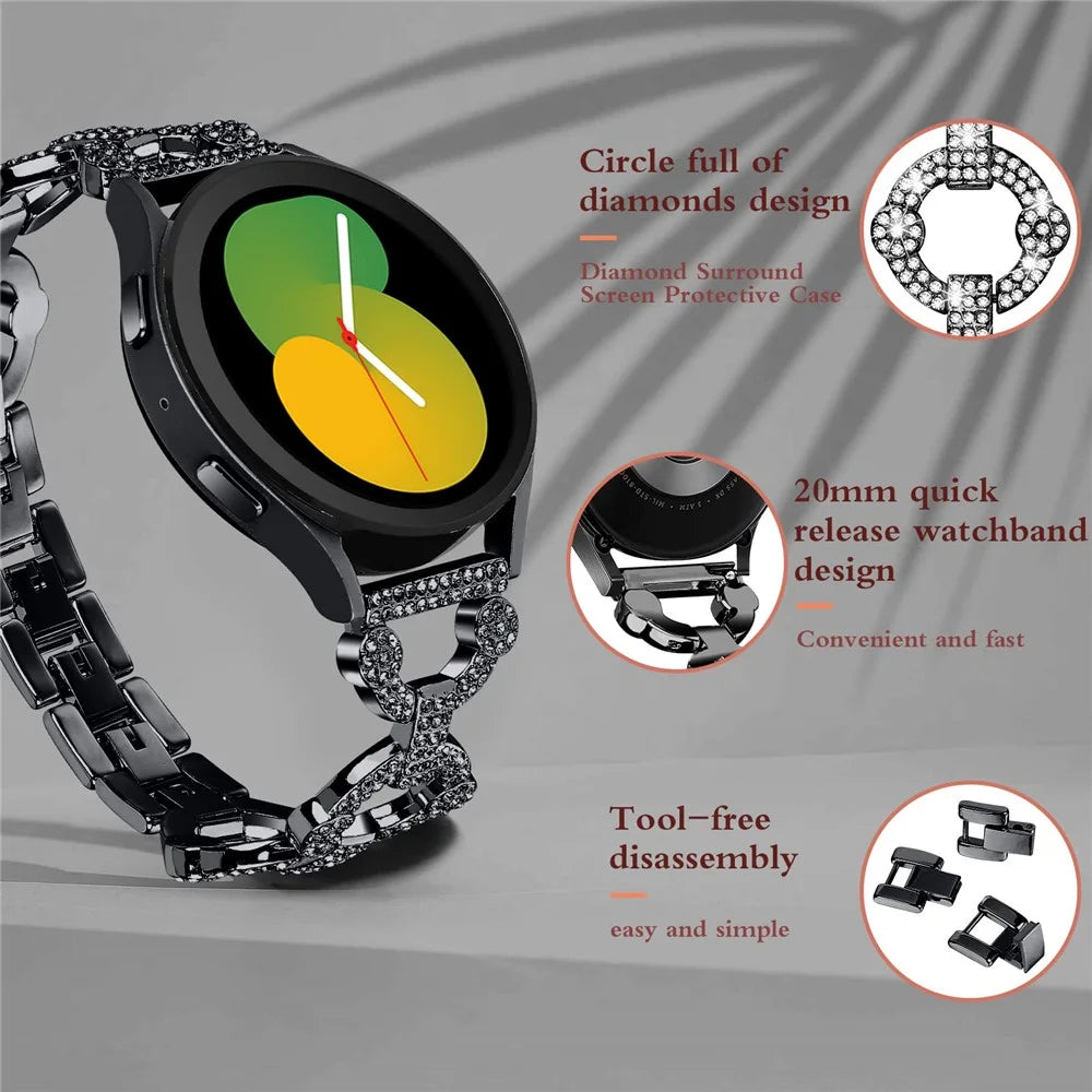 For Samsung Galaxy Watch 5 Active 40mm / 44mm  /  Watch 5 Pro 45mm  /  Galaxy Watch 42mm Watch Band Rhinestone Decoration Metal Watch Strap 20mm Replacement Watchband - Black - 5