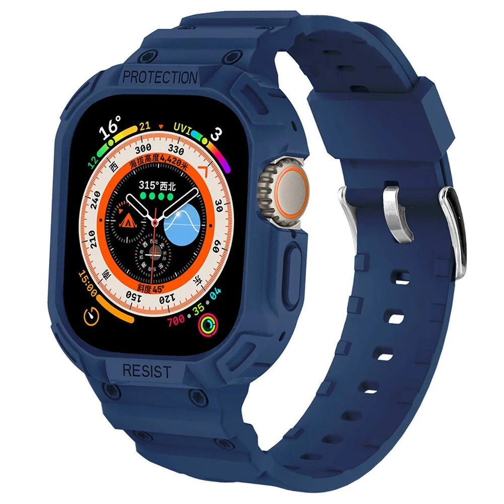 JUNSUNMAY For Apple Watch Ultra 49mm Watch Band Soft TPU Replacement Strap with Bumper Protective Case - Dark Blue - 1