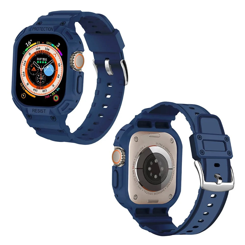 JUNSUNMAY For Apple Watch Ultra 49mm Watch Band Soft TPU Replacement Strap with Bumper Protective Case - Dark Blue - 2