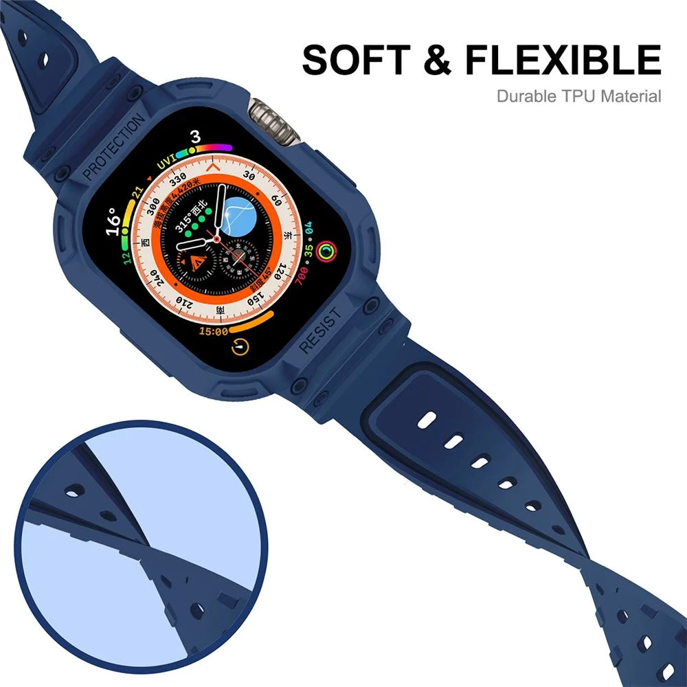 JUNSUNMAY For Apple Watch Ultra 49mm Watch Band Soft TPU Replacement Strap with Bumper Protective Case - Dark Blue - 4