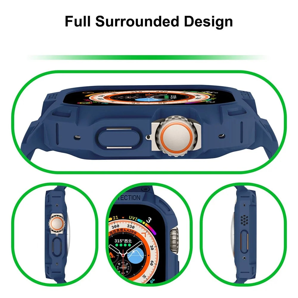 JUNSUNMAY For Apple Watch Ultra 49mm Watch Band Soft TPU Replacement Strap with Bumper Protective Case - Dark Blue - 5