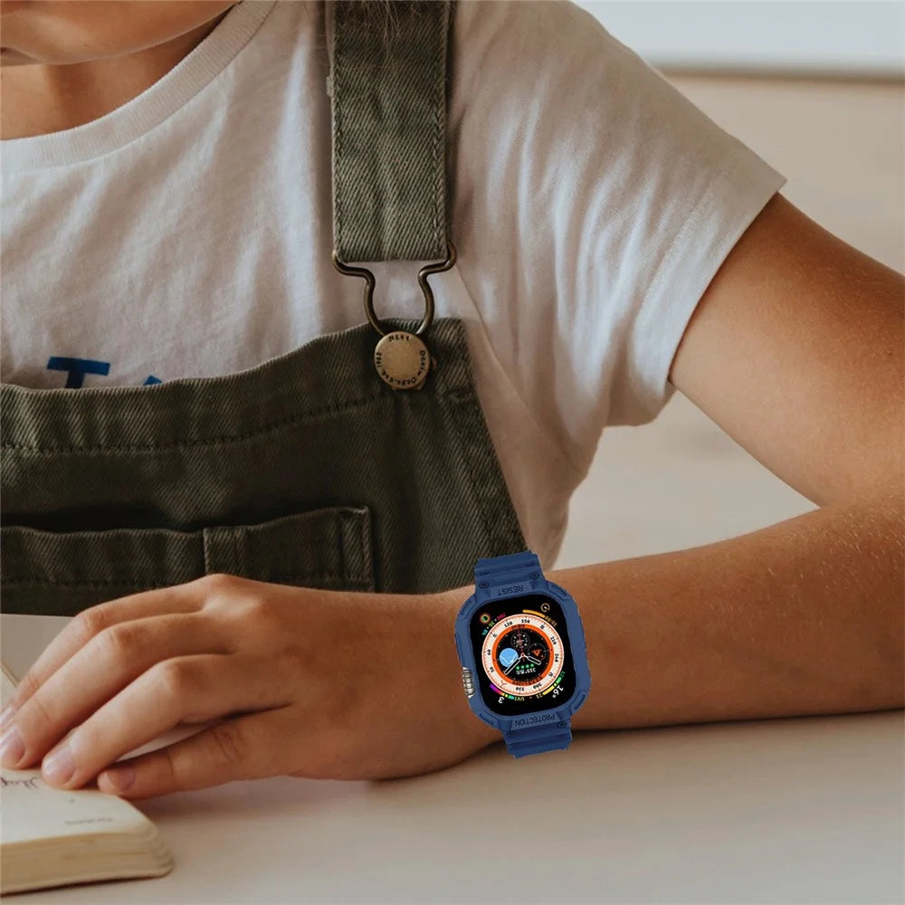 JUNSUNMAY For Apple Watch Ultra 49mm Watch Band Soft TPU Replacement Strap with Bumper Protective Case - Dark Blue - 6