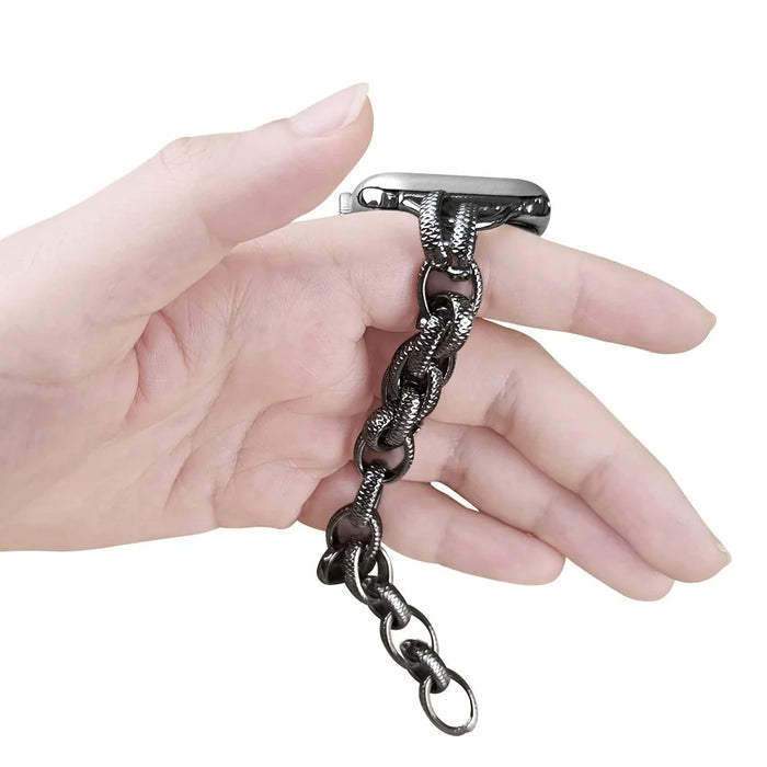 For Apple Watch Ultra 3 2 1 49mm / Series 11 10 46mm / 9 8 7 45mm / SE3 SE2 SE 6 5 4 44mm / 3 2 1 42mm Cowboy Chain Metal Wave Wallet Band Hollow Out Bracelet Strap - Black - 3