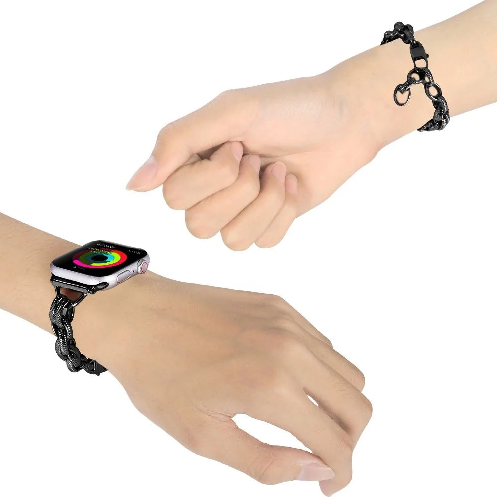 For Apple Watch Series 11 10 42mm / 9 8 7 41mm / SE3 SE2 SE 6 5 4 40mm / 3 2 1 38mm Cowboy Chain Metal Wave Watch Band Hollow Out Wrist Strap Bracelet - Black - 2