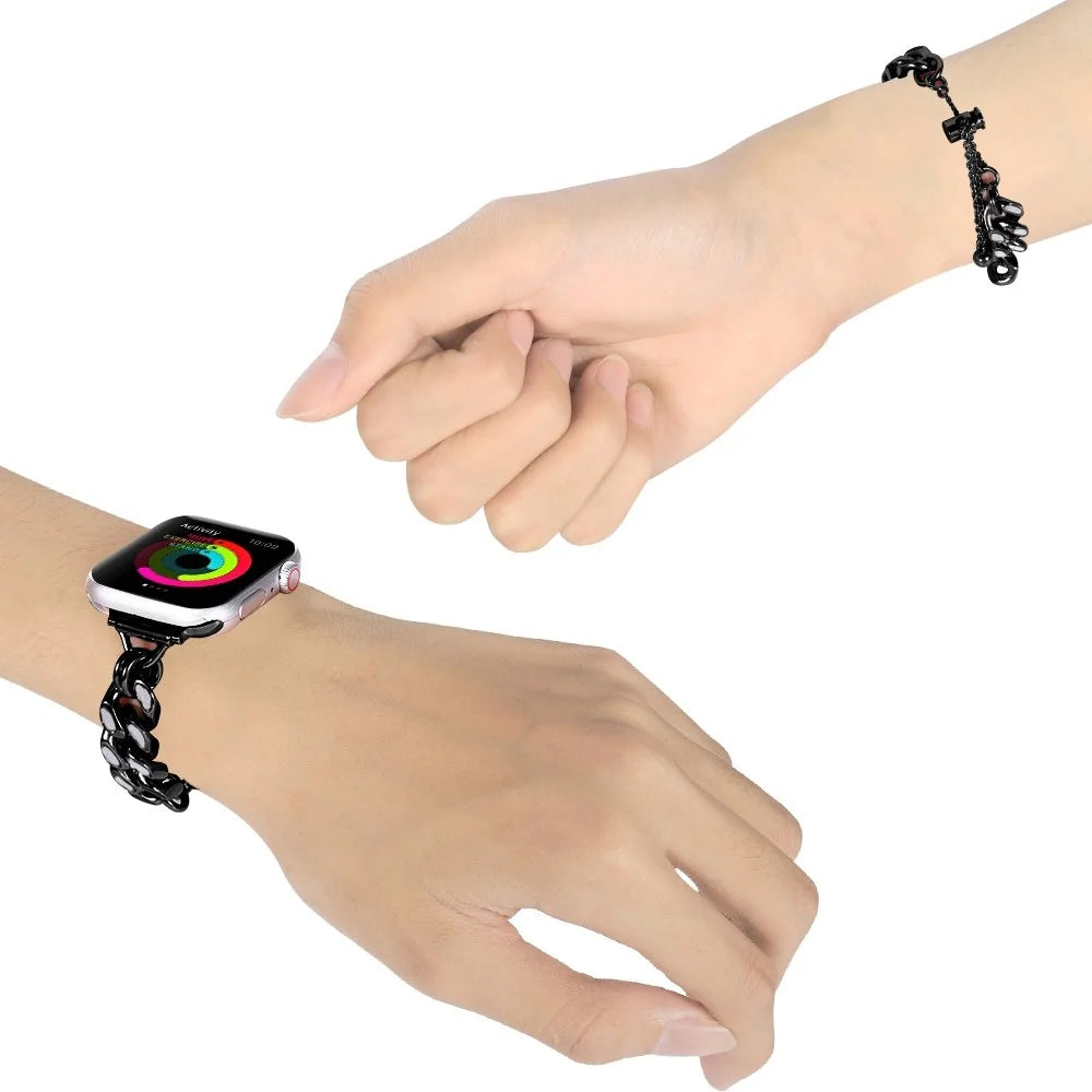 For Apple Watch Series 11 10 42mm / 9 8 7 41mm / SE3 SE2 SE 6 5 4 40mm / 3 2 1 38mm Cool Chain Metal Link Bands Night Luminous Strap Bracelet - Black - 2