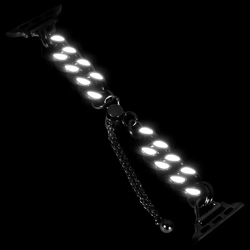 For Apple Watch Ultra 3 2 1 49mm / Series 11 10 46mm / 9 8 7 45mm / SE3 SE2 SE 6 5 4 44mm / 3 2 1 42mm Chain Style Metal Watch Band Luminous Strap Replacement - Black - 6