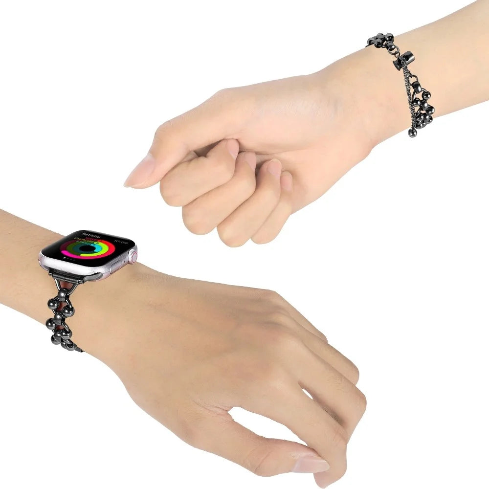 For Apple Watch Series 11 10 42mm / 9 8 7 41mm / SE3 SE2 SE 6 5 4 40mm / 3 2 1 38mm Beads Decor Watch Bracelet Band Metal Wristband Strap - Black - 2