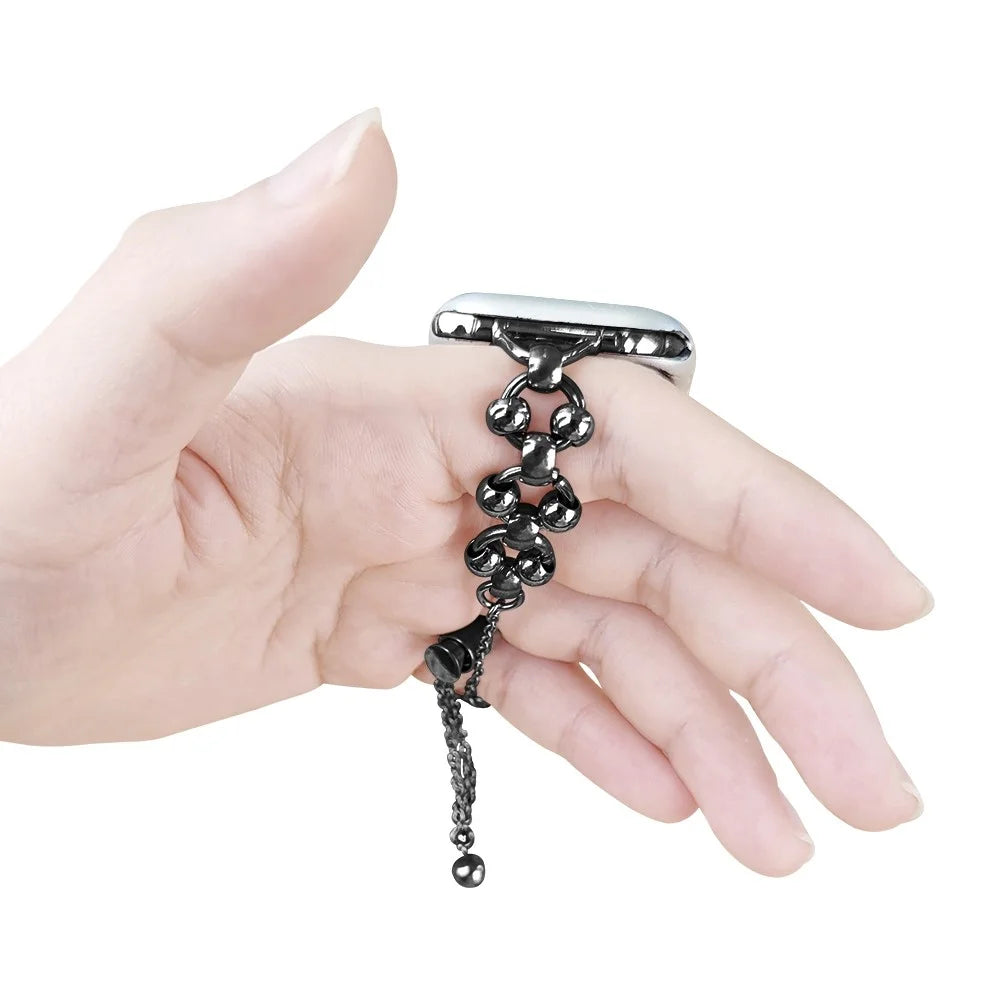 For Apple Watch Series 11 10 42mm / 9 8 7 41mm / SE3 SE2 SE 6 5 4 40mm / 3 2 1 38mm Beads Decor Watch Bracelet Band Metal Wristband Strap - Black - 3