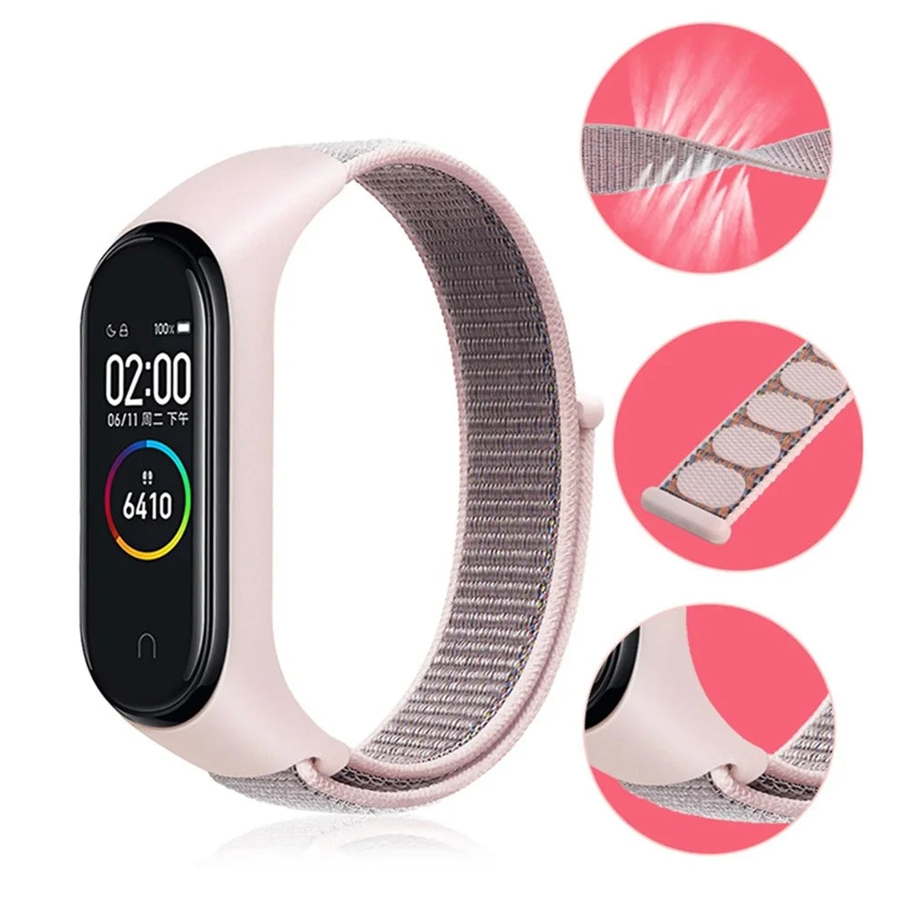 For Xiaomi Mi Band 3 / 4 / 5 / 6 / 7 Nylon Watch Band Adjustable Sport Loop Strap Wristband Replacement - Light Pink - 4